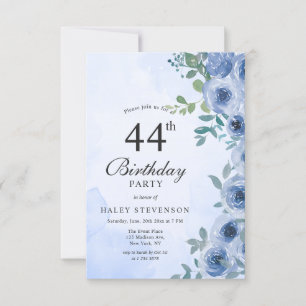 Dusty Blue Watercolor Floral Chic 44. Geburtstag I Einladung