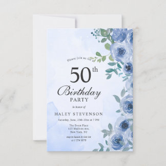 Dusty Blue Watercolor Floral Chic 50. Geburtstag i Einladung