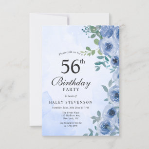 Dusty Blue Watercolor Floral Chic 56. Geburtstag I Einladung