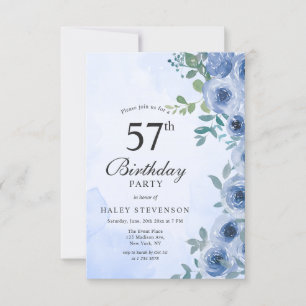 Dusty Blue Watercolor Floral Chic 57. Geburtstag I Einladung