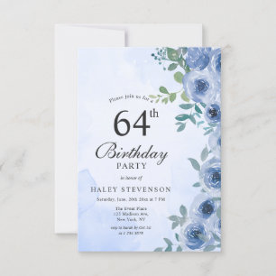 Dusty Blue Watercolor Floral Chic 64. Geburtstag I Einladung