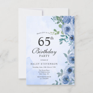 Dusty Blue Watercolor Floral Chic 65. Geburtstag i Einladung