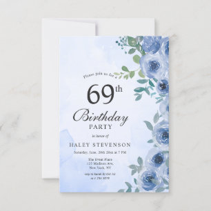 Dusty Blue Watercolor Floral Chic 69. Geburtstag I Einladung