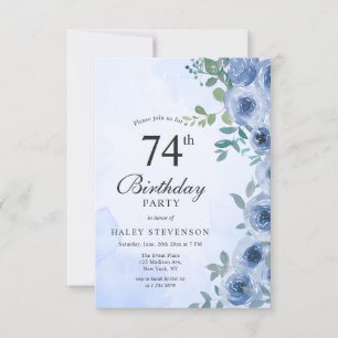 Dusty Blue Watercolor Floral Chic 74. Geburtstag I Einladung