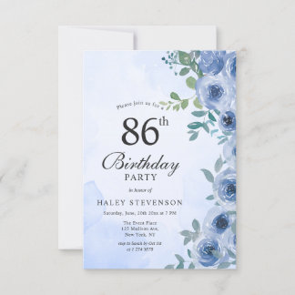 Dusty Blue Watercolor Floral Chic 86. Geburtstag Einladung