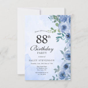 Dusty Blue Watercolor Floral Chic 88. Geburtstag Einladung
