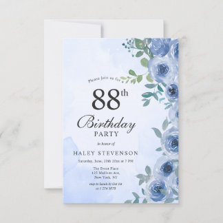 Dusty Blue Watercolor Floral Chic 88. Geburtstag Einladung