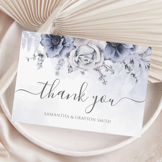 Dusty Blue Watercolor Floral Elegante Hochzeit Dankeskarte