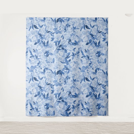 Dusty Blue Watercolor Floral Foto Dropback Wandteppich (Vorderseite)