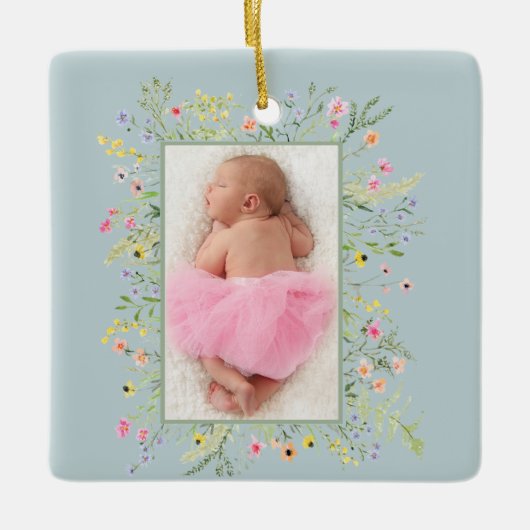 Dusty Blue Watercolor Floral Frame Foto Keramikornament (Vorderseite)