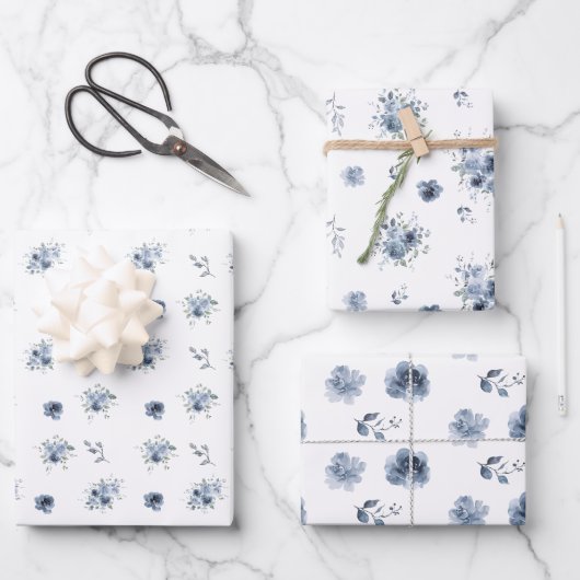 Dusty Blue Watercolor Floral Geschenkpapier Set (Vorderseite)