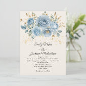 Dusty Blue Watercolor Floral Gold Blätter Hochzeit Einladung (Stehend Vorderseite)