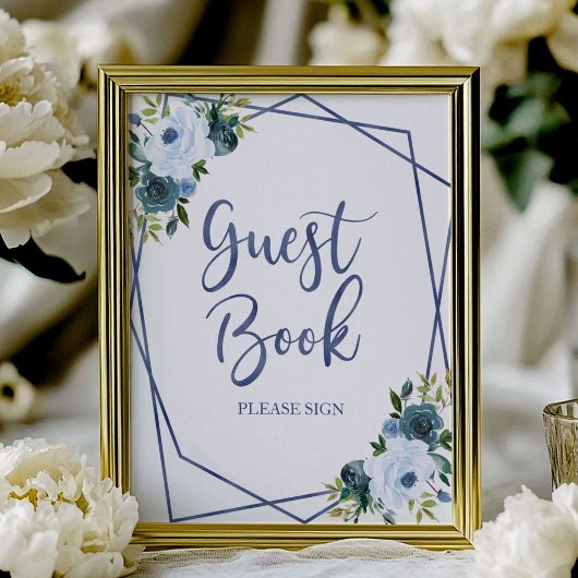 Dusty Blue Watercolor Floral Guest Book Sign Poster