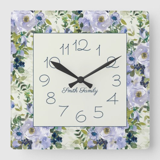 Dusty Blue Watercolor Floral Name Küche Quadratische Wanduhr (Vorderseite)