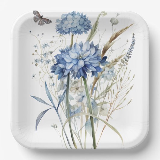 Dusty Blue Watercolor Floral Pappteller (Vorderseite)