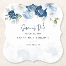 Dusty Blue Watercolor Floral Rettete unser Datum Untersetzer