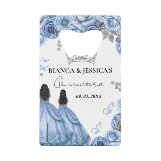 Dusty Blue Watercolor Floral Twin Quinceañera Geldbeutel Flaschenöffner (Vorderseite)
