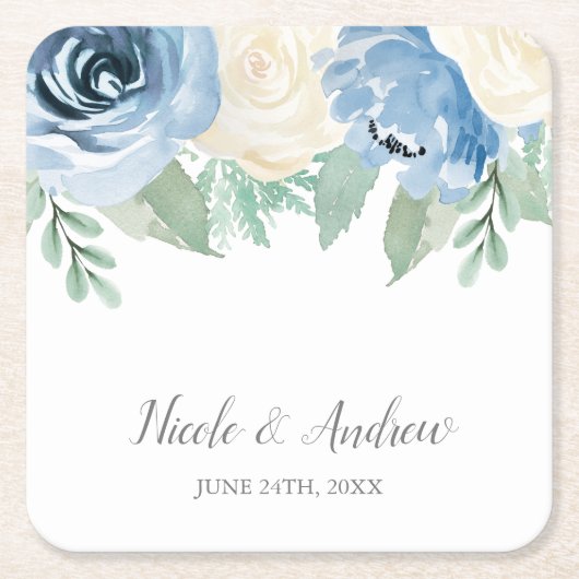 Dusty Blue Watercolor Floral Wedding Custom Rechteckiger Pappuntersetzer (Vorderseite)