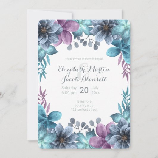 Dusty Blue Watercolor Floral Wedding Einladung (Vorderseite)