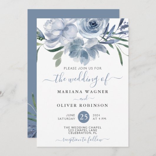 Dusty Blue Watercolor Floral Wedding Einladung (Vorne/Hinten)