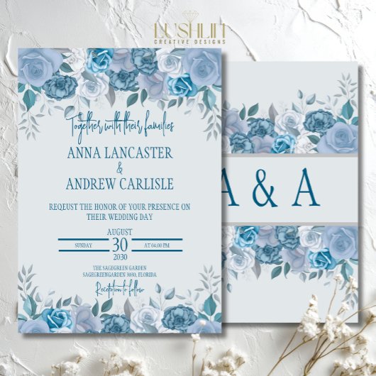 Dusty Blue Watercolor Floral Wedding Einladung