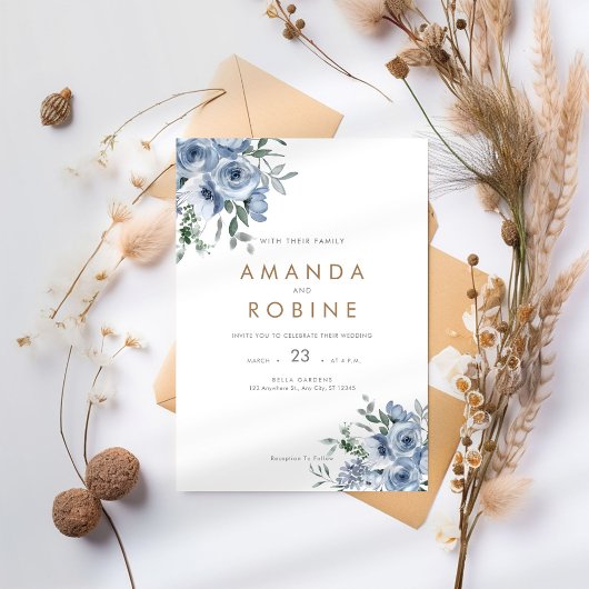 Dusty Blue Watercolor Floral Wedding Einladung
