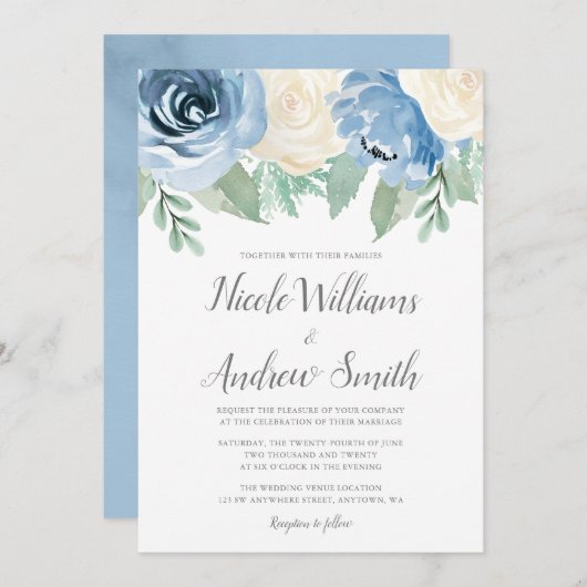 Dusty Blue Watercolor Floral Wedding Einladung (Vorne/Hinten)