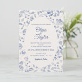 Dusty Blue Watercolor Floral Wedding Invitation Einladung (Stehend Vorderseite)