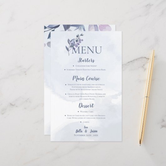 Dusty Blue Watercolor Floral Wedding Party Menu (Vorderseite/Rückseite Beispiel)