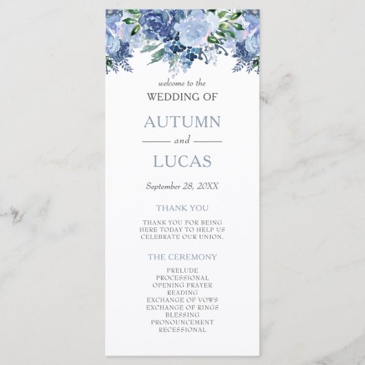 Dusty Blue Watercolor Floral Wedding Programm (Vorderseite)