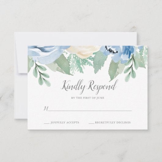 Dusty Blue Watercolor Floral Wedding RSVP Card (Vorderseite)