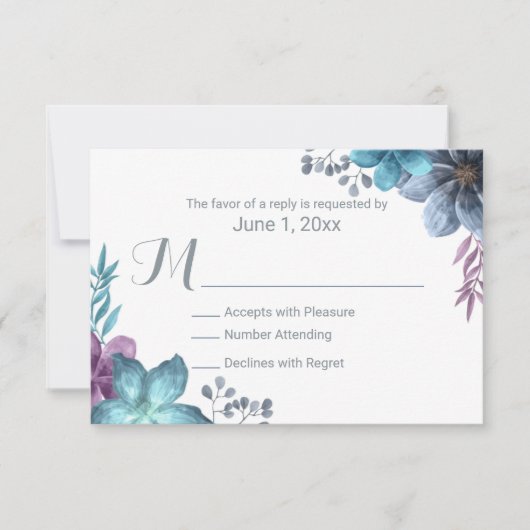 Dusty Blue Watercolor Floral Wedding RSVP Karte (Vorderseite)