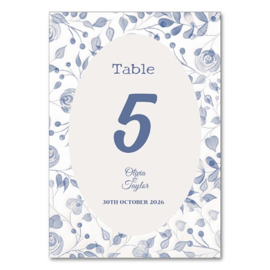Dusty Blue Watercolor Floral Wedding Tischnummer (Vorderseite)