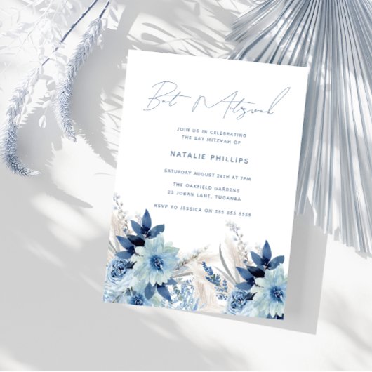Dusty Blue Watercolor Florals Bat Mitzvah Einladung