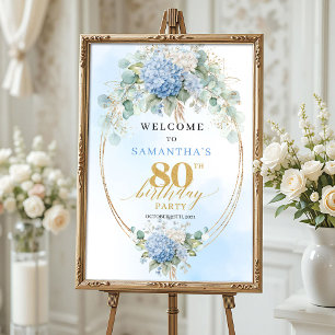 Dusty Blue Watercolor Florals Gold 80. Geburtstag  Poster
