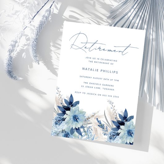 Dusty Blue Watercolor Florals Retirement Party Einladung