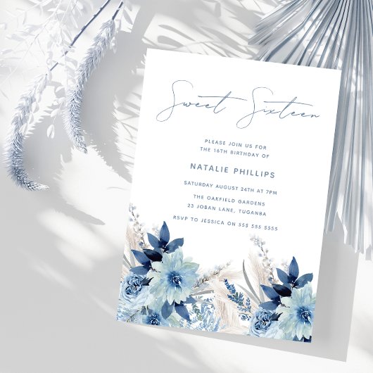 Dusty Blue Watercolor Florals Sweet 16 Birthday Einladung