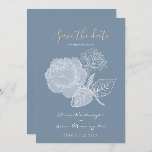 Dusty Blue Watercolor Gilded Rose Save the Date Einladung (Vorne/Hinten)