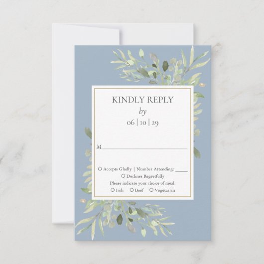 Dusty Blue Watercolor Greenerity Wedding RSVP (Vorderseite)