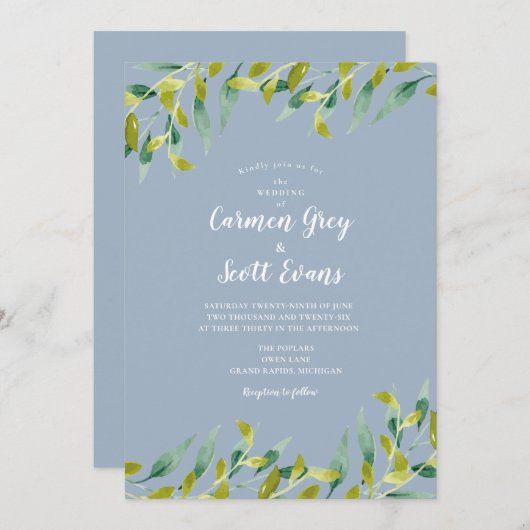 Dusty Blue Watercolor Greenery Eucalyptus Wedding Einladung (Vorne/Hinten)
