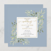 Dusty Blue Watercolor Greenery Gold Script Wedding Einladung (Vorne/Hinten)