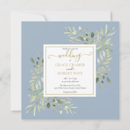 Dusty Blue Watercolor Greenery Gold Script Wedding Einladung