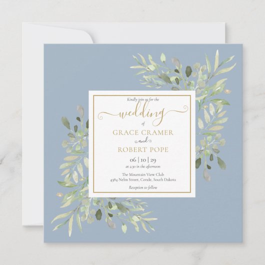 Dusty Blue Watercolor Greenery Gold Script Wedding Einladung (Vorderseite)