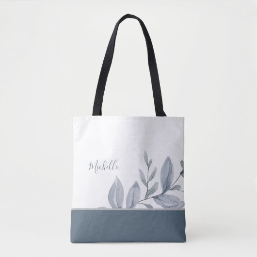 Dusty Blue Watercolor Greenery mit Namen Tasche (Vorderseite)