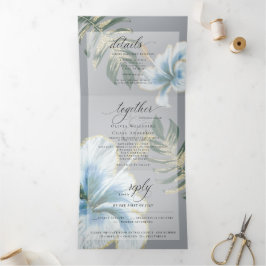 Dusty Blue Watercolor Hibiskus Foliage Wedding Dreifach Gefaltete Einladung