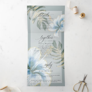 Dusty Blue Watercolor Hibiskus Foliage Wedding Tri Dreifach Gefaltete Einladung