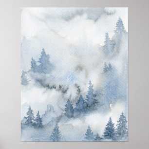 Dusty Blue Watercolor Misty Abstrakt Forest Poster