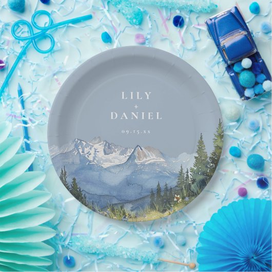 Dusty Blue Watercolor Mountain Wildblume Hochzeit Pappteller (Party)