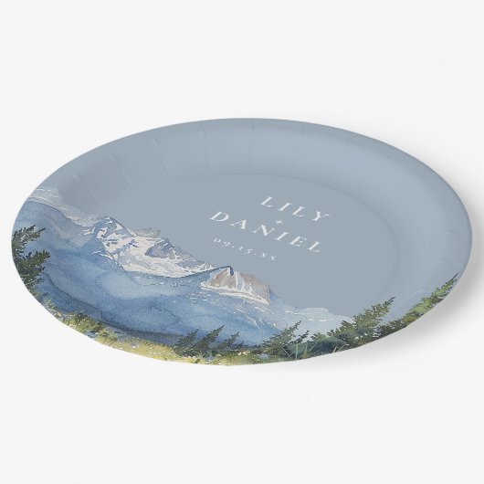 Dusty Blue Watercolor Mountain Wildblume Hochzeit Pappteller (Schrägansicht)