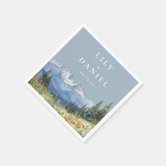 Dusty Blue Watercolor Mountain Wildblume Hochzeit Serviette (Ecke)